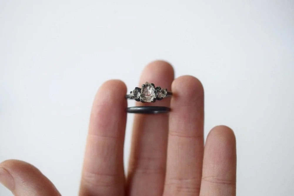 Wedding Set Oxidized or Bright Silver Ring Raw Stone Engagement Rings - Picture 9 of 10